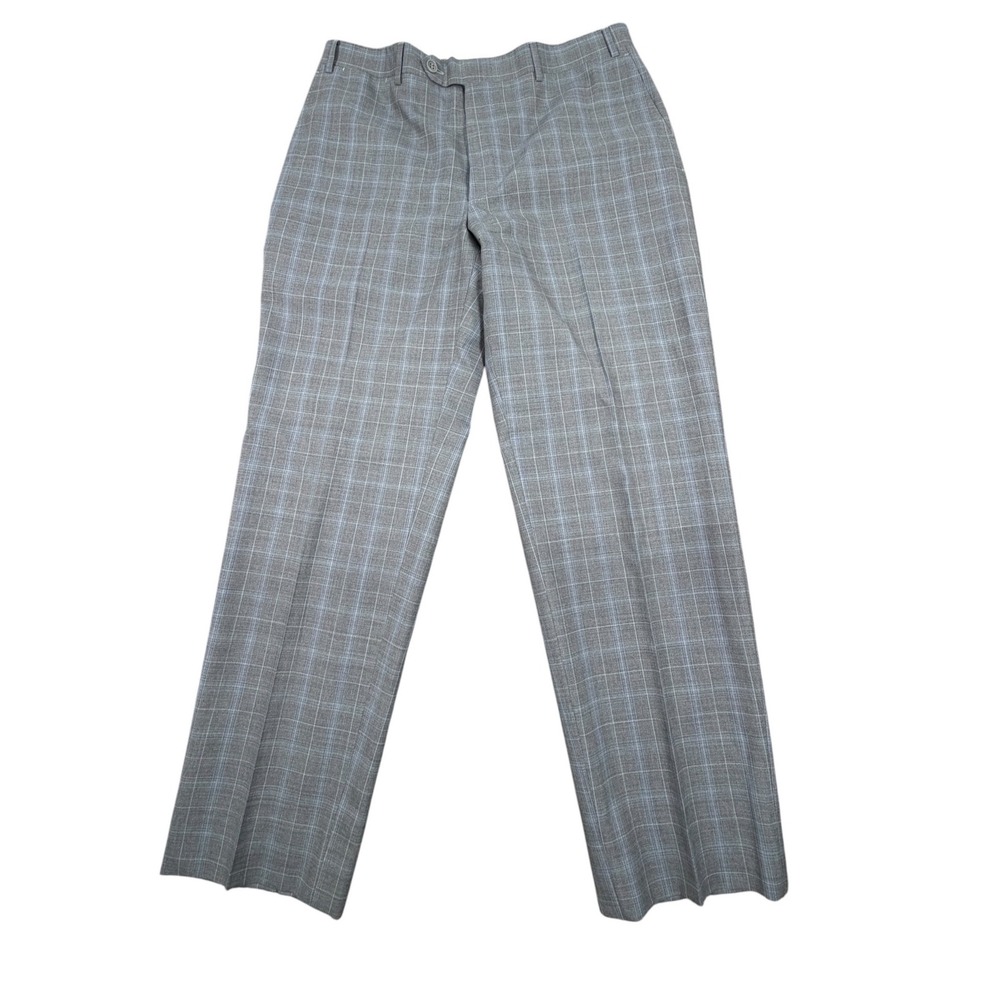 Canali Men Dress Pants Plaid Wool Flat Front Trousers Grey Blue 34X29